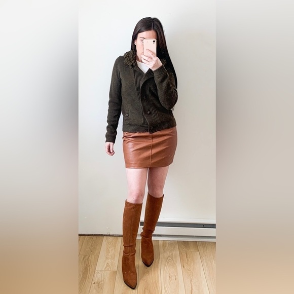 Gap Fuzzy Collar Moto Style Cardigan Sweater Army Green Medium 100% Wool - Picture 4 of 12